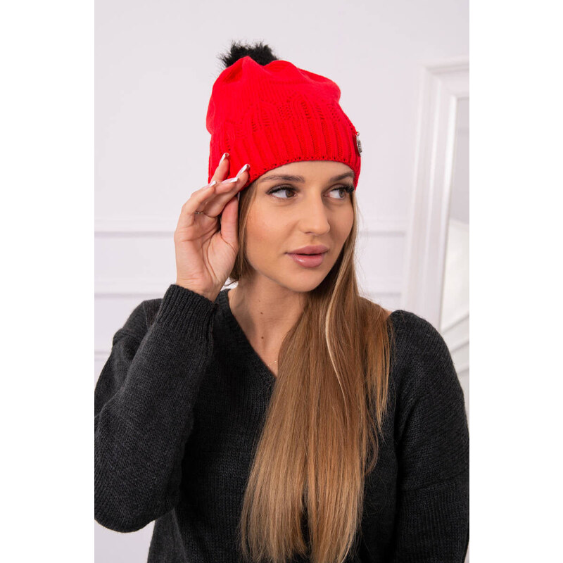 K-Fashion Dámská čepice s bambulí Judith K347 červená