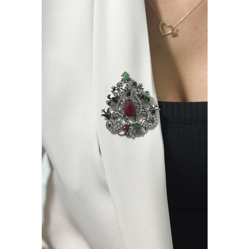 K-Fashion Brož XZ459-191 stříbrná + červená 100447388