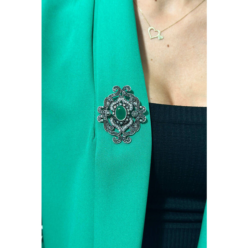 K-Fashion Brož XZ459-107 stříbrná + zelená 100447375