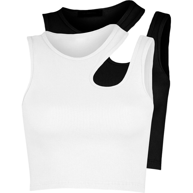 Trendyol Black and White 2-Pack Cut Out Detailed Fitted Crop Corduroy, Flexible Knitting Singlet