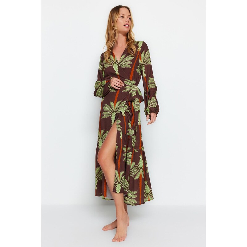 Trendyol Tropical Patterned Maxi Woven Kimono & Caftan