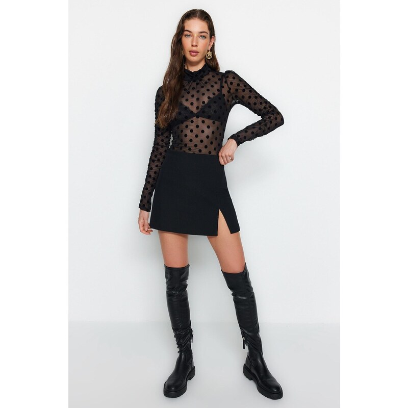 Trendyol Black High Neck Flock Printed and Gathered Detailed Long Sleeve With Snaps Flexible Knitted Body