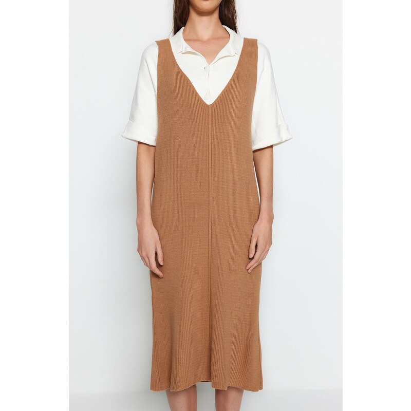 Trendyol Beige Maxi Knitwear V Neck Dress