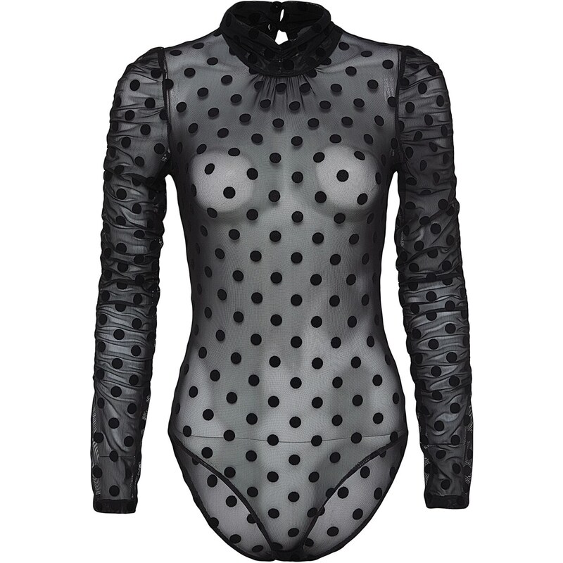 Trendyol Black High Neck Flock Printed and Gathered Detailed Long Sleeve With Snaps Flexible Knitted Body