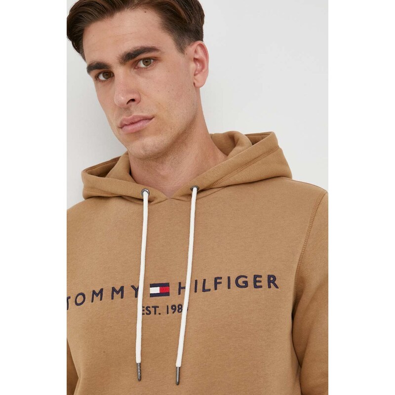 Mikina Tommy Hilfiger pánská, hnědá barva, s kapucí, s aplikací