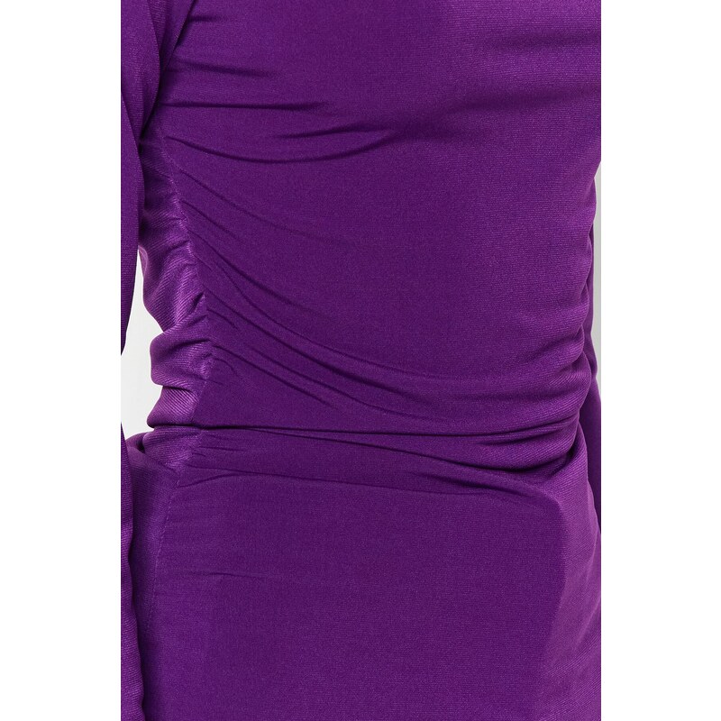 Trendyol Purple Shirring Detail Stand Collar Fitted/Long Sleeves, Fitted Knitted Stretch Blouse