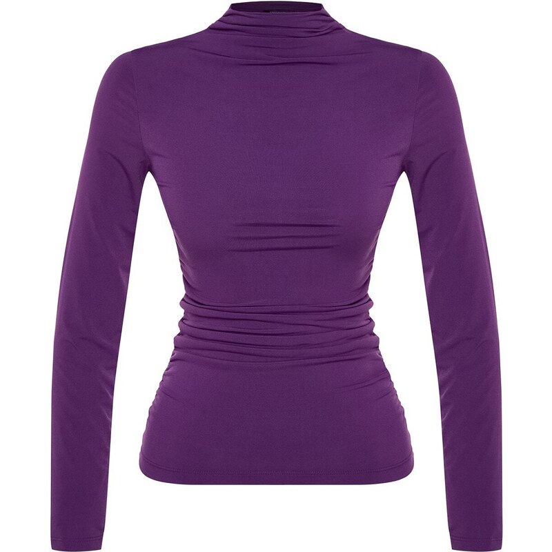 Trendyol Purple Shirring Detail Stand Collar Fitted/Long Sleeves, Fitted Knitted Stretch Blouse