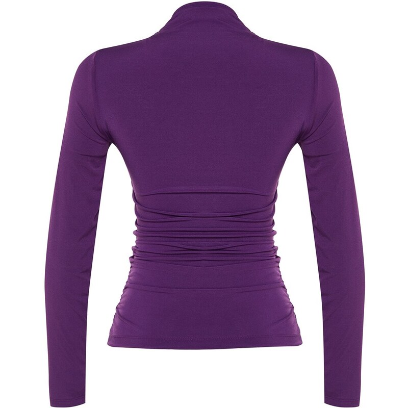 Trendyol Purple Shirring Detail Stand Collar Fitted/Long Sleeves, Fitted Knitted Stretch Blouse