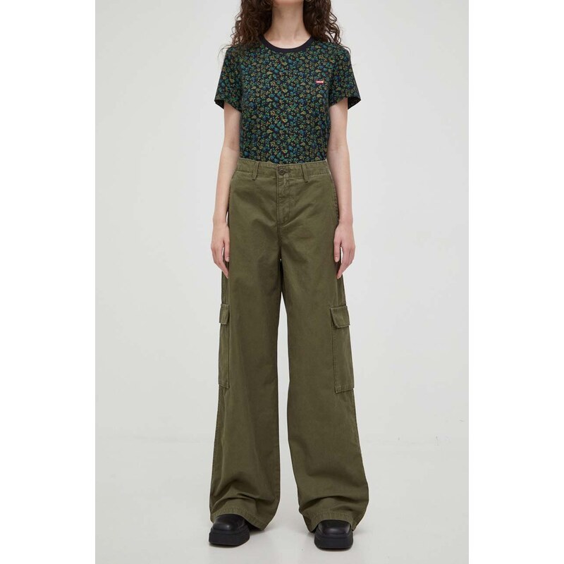 Bavlněné kalhoty Levi's BAGGY CARGO zelená barva, jednoduché, medium waist