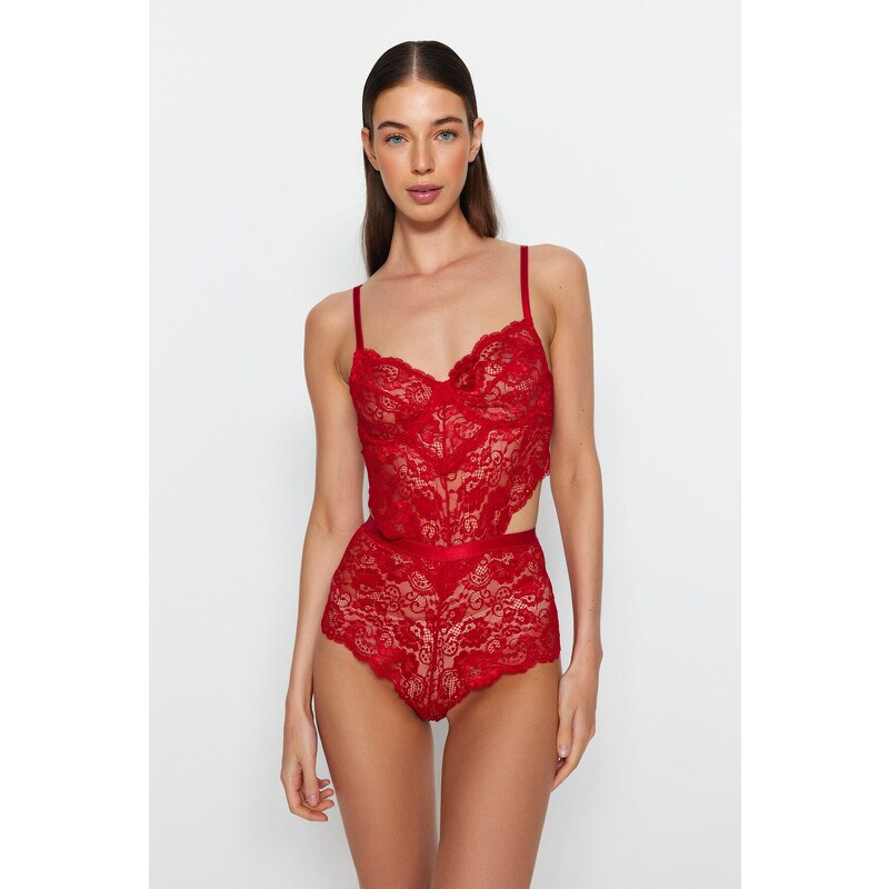 Trendyol Dark Red Lacy Window/Cut Out Detailed Snap-On Knitted Body