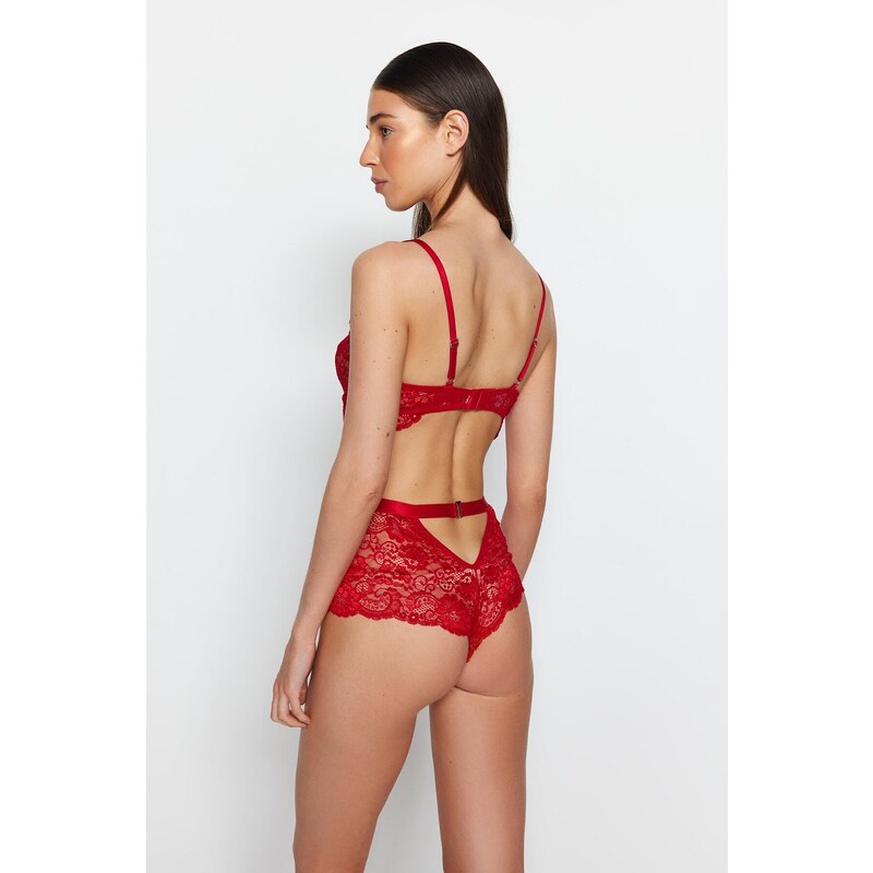 Trendyol Dark Red Lacy Window/Cut Out Detailed Snap-On Knitted Body