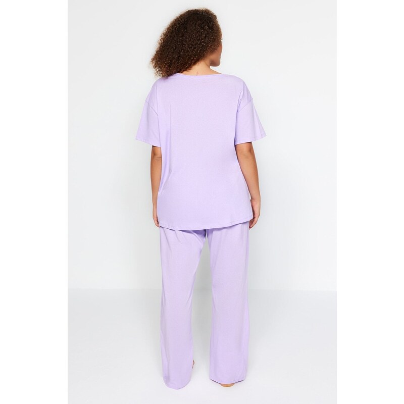 Trendyol Curve Lilac Printed, Pocket Detailed, Knitted Pajamas Set