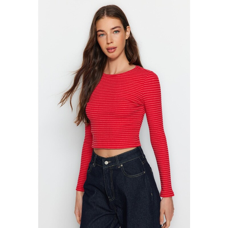 Trendyol Red Striped Slim Crop Crew Neck Ribbed Flexible Knitted Blouse