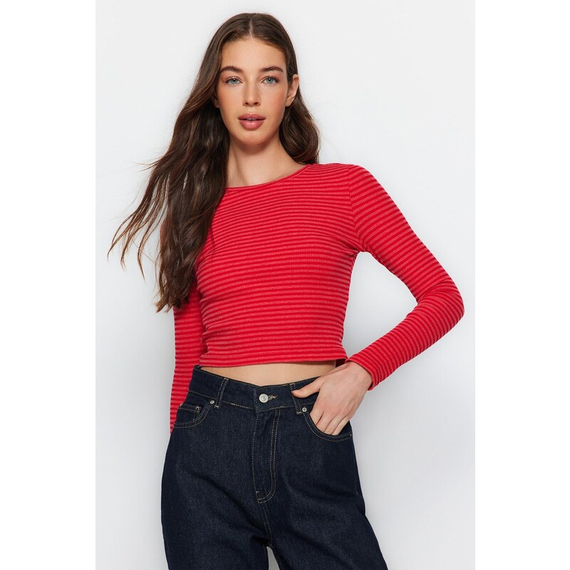 Trendyol Red Striped Slim Crop Crew Neck Ribbed Flexible Knitted Blouse