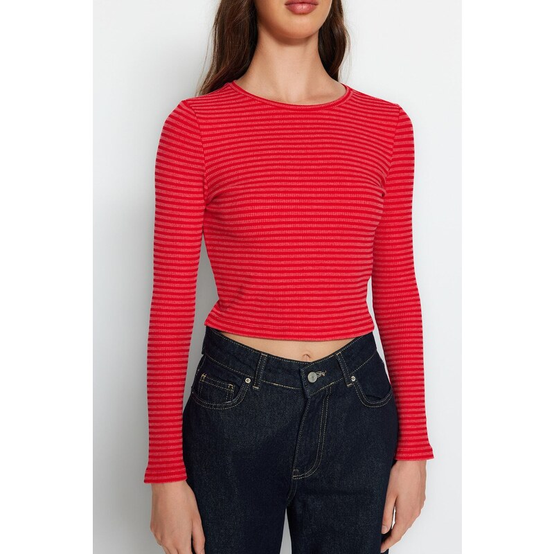 Trendyol Red Striped Slim Crop Crew Neck Ribbed Flexible Knitted Blouse