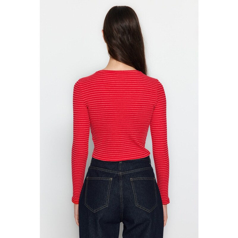 Trendyol Red Striped Slim Crop Crew Neck Ribbed Flexible Knitted Blouse