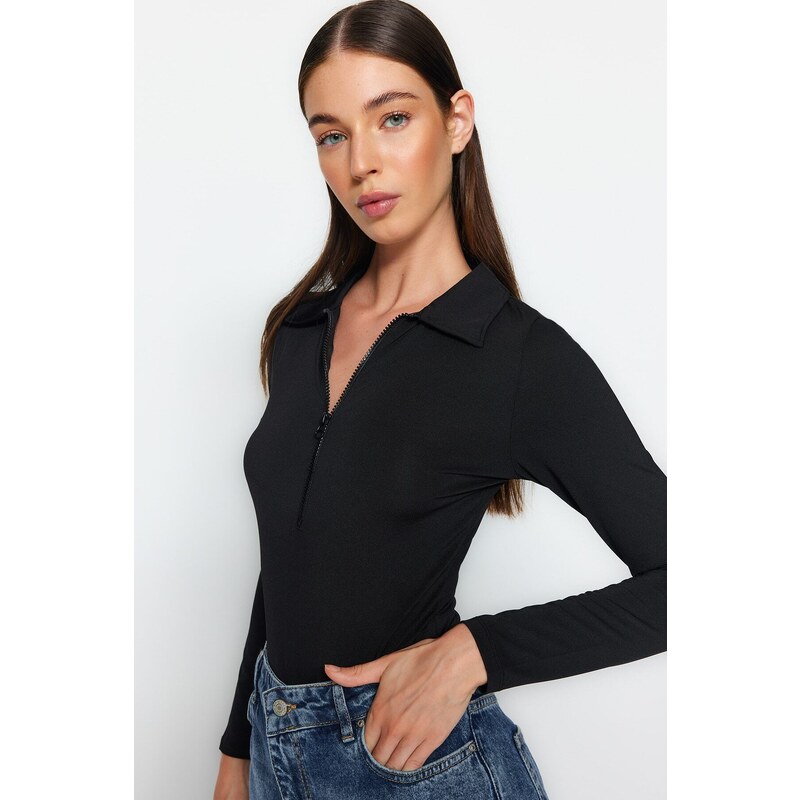 Trendyol Black Zipper Collar Detailed Knitted Body with Snap fastener