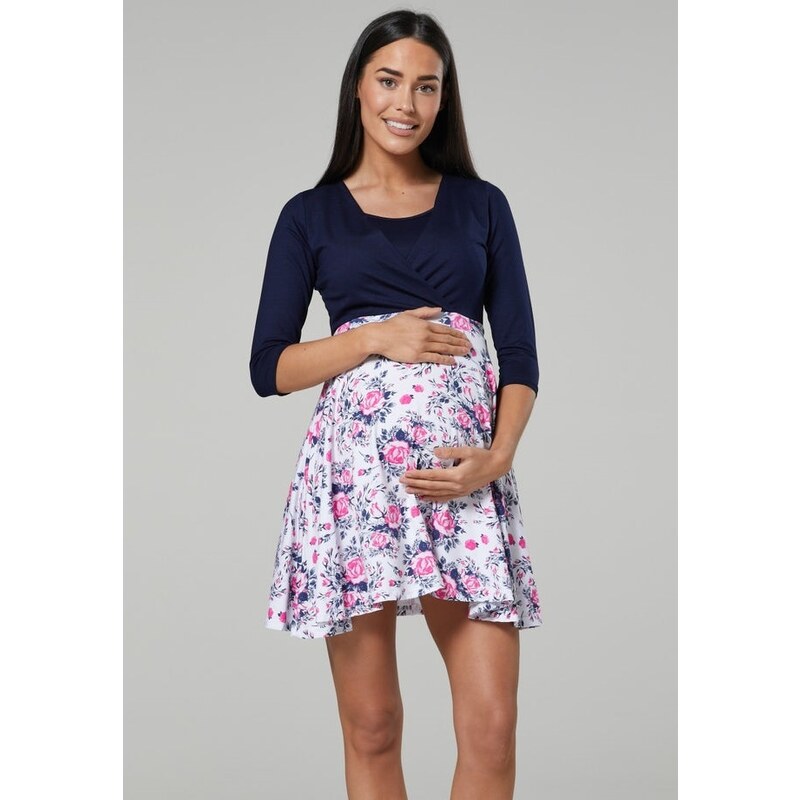 Happy Mama Těhotenské a kojící mini šaty Wrap modro bílé květinové