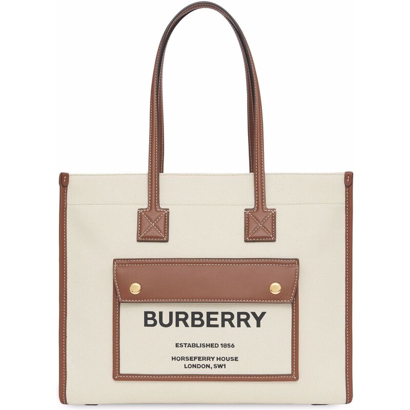 BURBERRY kapesní malá nákupní taška z bavlny a kůže