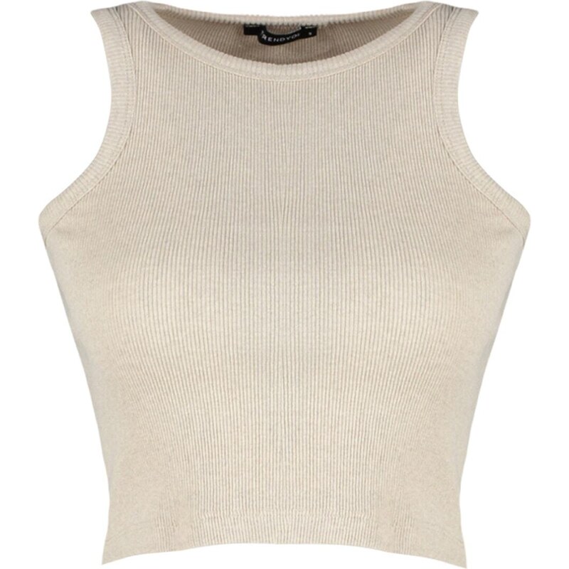 Trendyol Khaki-Beige 2-Pack Fitted Crop Halterneck Corduroy, Flexible Knit Single Singlet