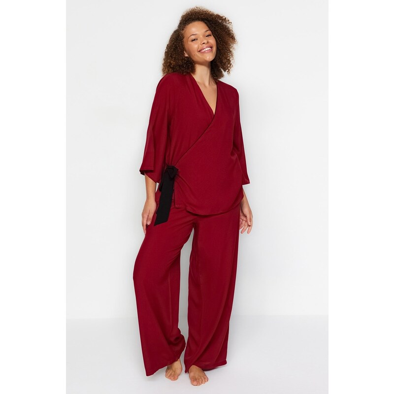 Trendyol Curve Burgundy Double Breasted Collar Tied Woven Pajamas Set