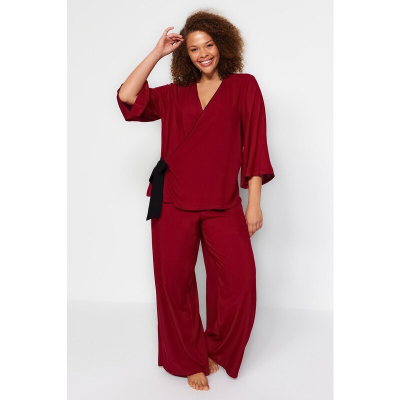 Trendyol Curve Burgundy Double Breasted Collar Tied Woven Pajamas Set