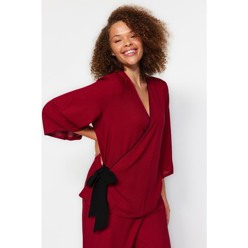 Trendyol Curve Burgundy Double Breasted Collar Tied Woven Pajamas Set