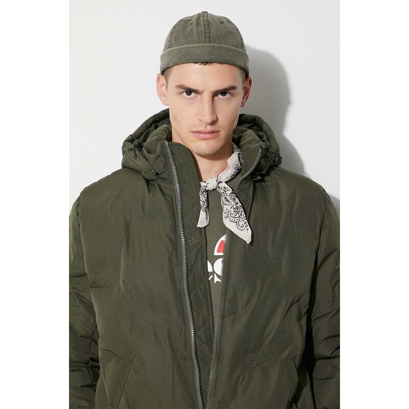 Bunda Alpha Industries Hooded Logo Puffer pánská, zelená barva, zimní, 108107.142