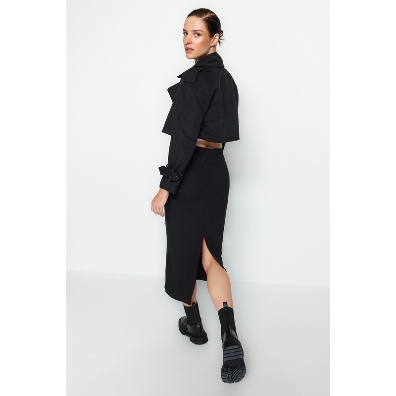 Trendyol Black Knitted Midi Skirt With Slit Detail and Soft Touches