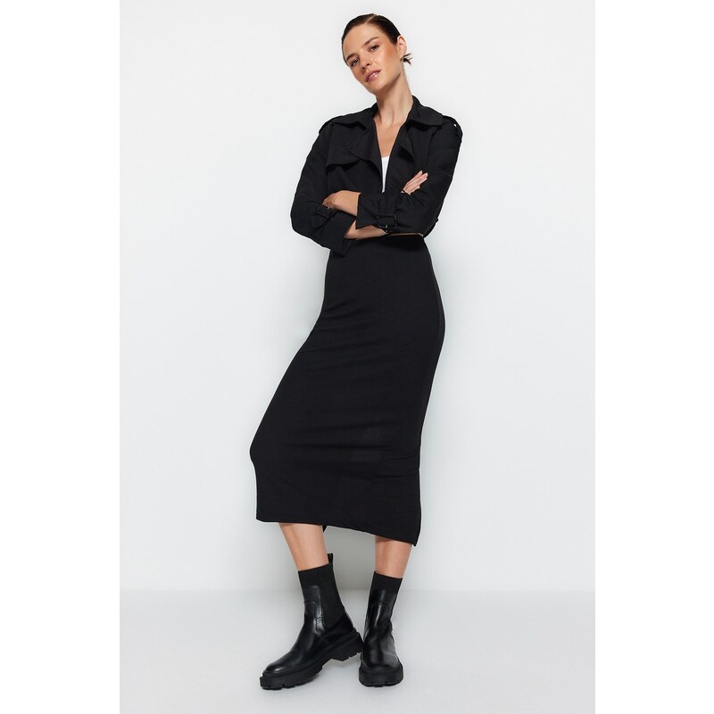 Trendyol Black Knitted Midi Skirt With Slit Detail and Soft Touches