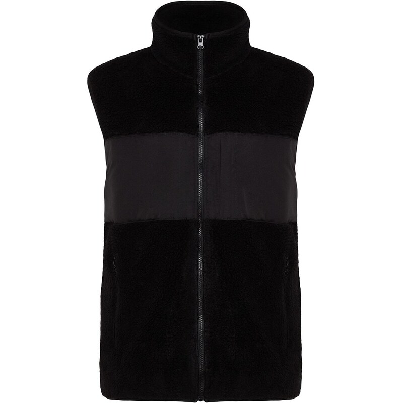 Trendyol Black Regular Fit High Neck Fabric Block Plush Vest