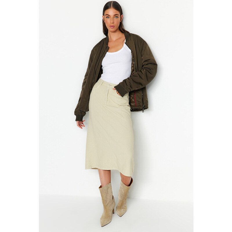 Trendyol Beige Linen Midi Denim Skirt