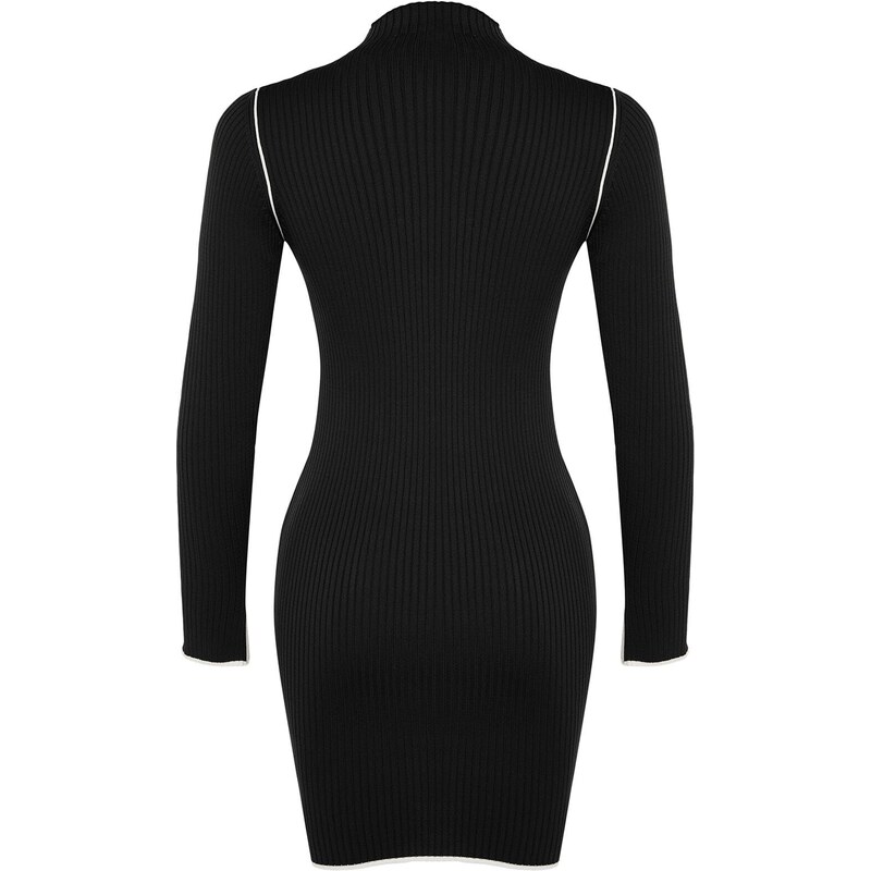 Trendyol černé mini pletené šaty s kontrastní barvou