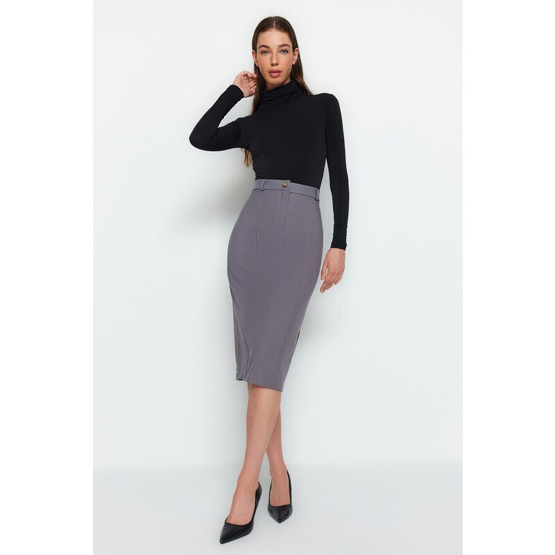 Trendyol Gray Straight Cut Slit Detailed Midi Woven Skirt