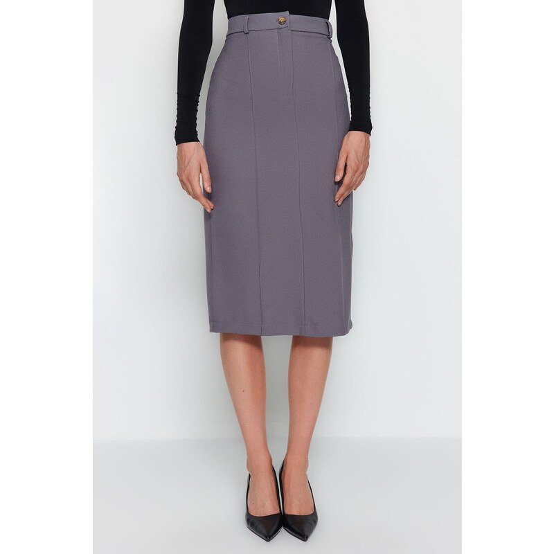 Trendyol Gray Straight Cut Slit Detailed Midi Woven Skirt