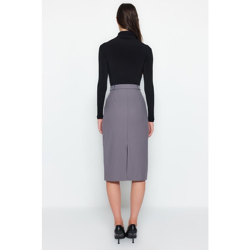 Trendyol Gray Straight Cut Slit Detailed Midi Woven Skirt