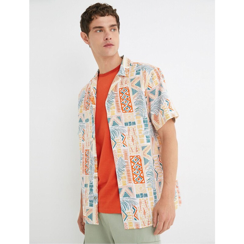 Koton Summer Shirt with Short Sleeves Turndown Collar Ethnic Printed Cotton