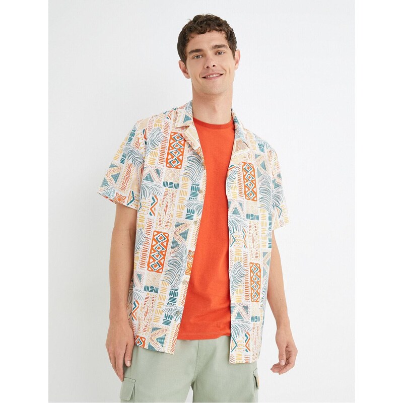 Koton Summer Shirt with Short Sleeves Turndown Collar Ethnic Printed Cotton