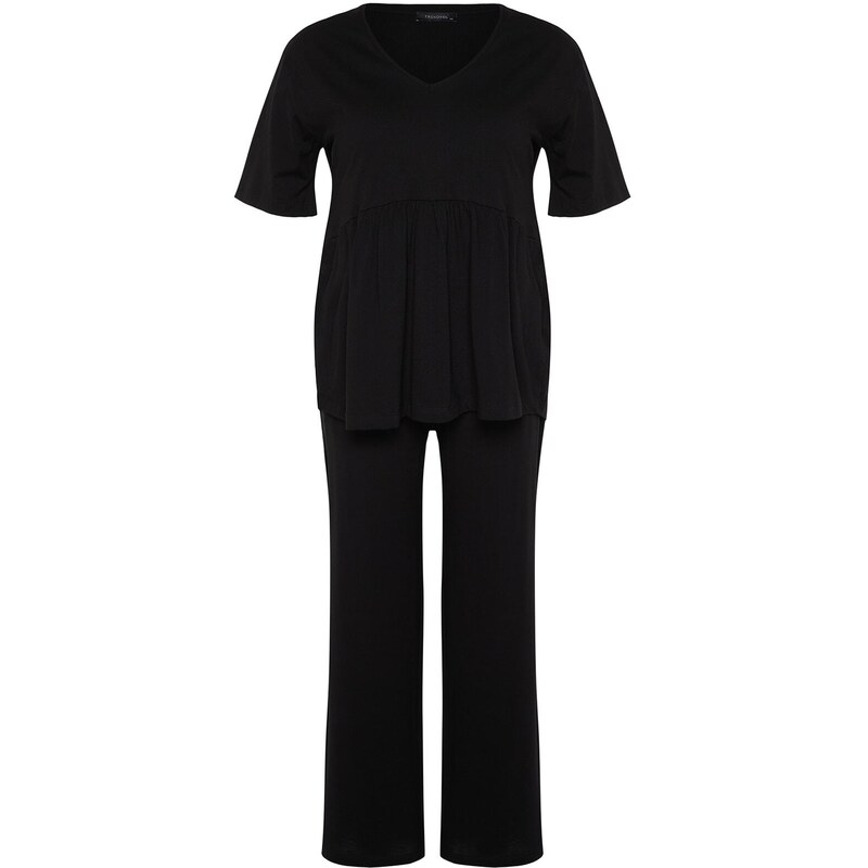 Trendyol Curve Black V-Neck Knitted Pajamas Set