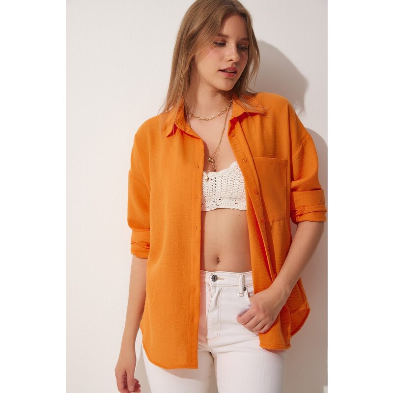 Happiness İstanbul Women's Orange Oversize Linen Airon Shirt