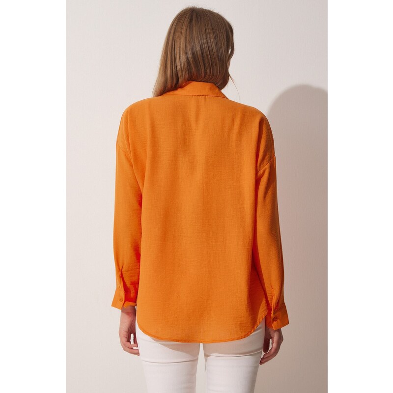 Happiness İstanbul Women's Orange Oversize Linen Airon Shirt