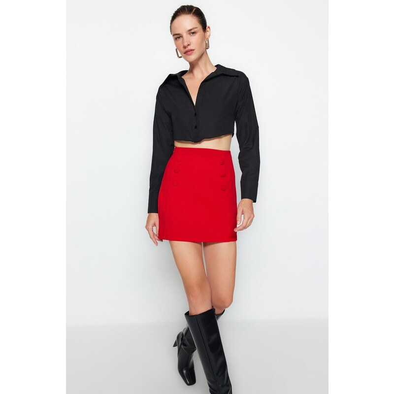 Trendyol Red Smart Crepe Button Detailed Mini Pencil Elastic Knitted Skirt