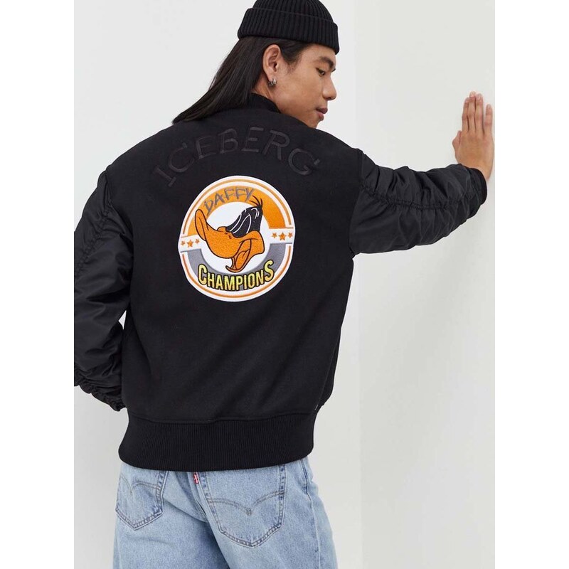 Vlněná bomber bunda Iceberg x Looney Tunes černá barva, přechodná