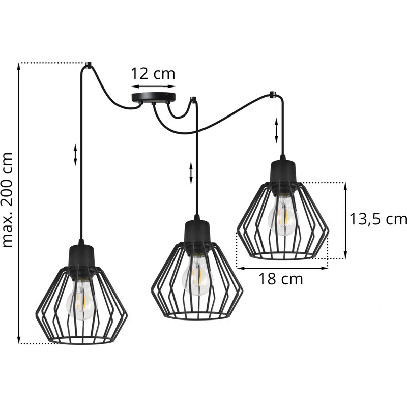 Light for home - Závěsné svítidlo na nastavitelných kabelech SPIDER NUVOLA 2502-3, 3x60W, E27, Černá