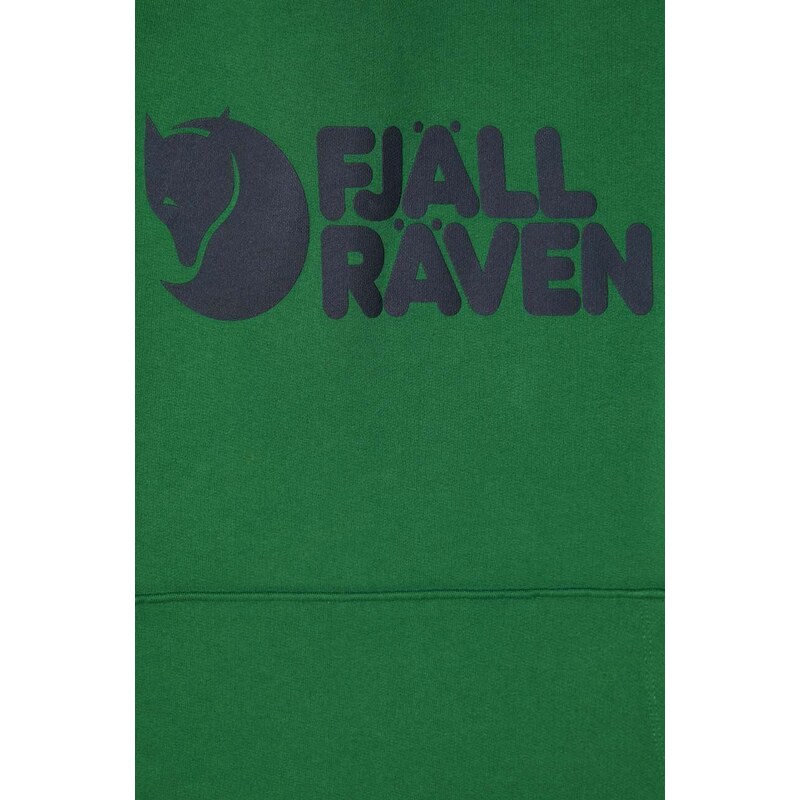 Bavlněná mikina Fjallraven Logo Hoodie zelená barva, s kapucí, s potiskem, 84144