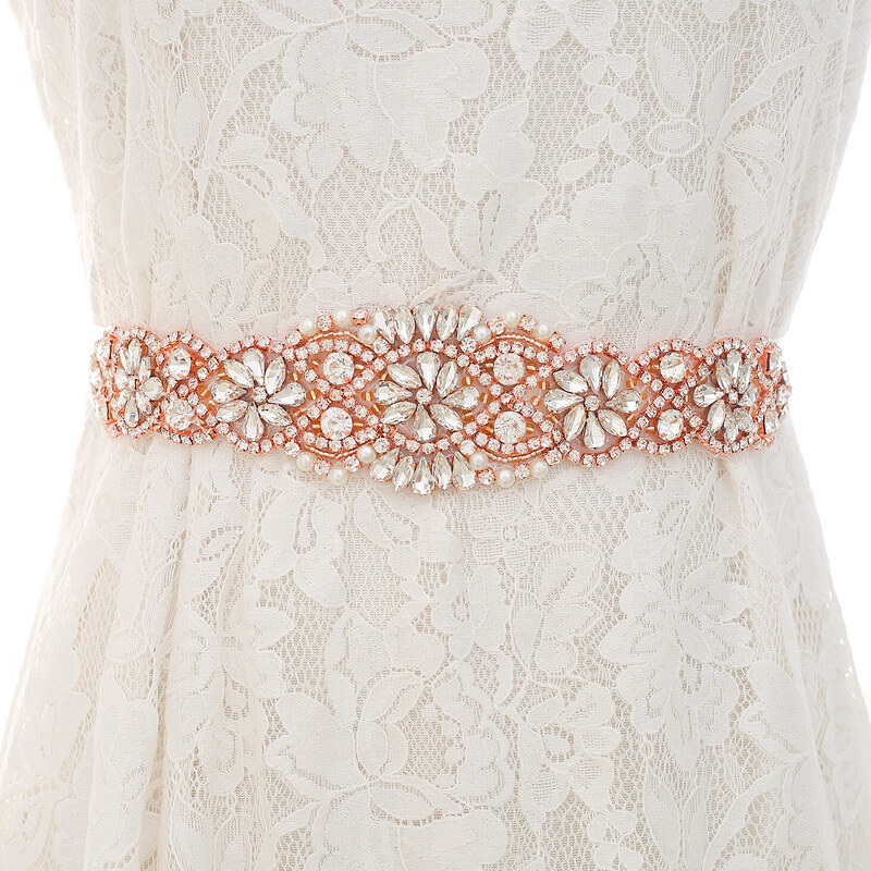 bílý svatební pásek s ozdobou - zlatá a růžová varianta