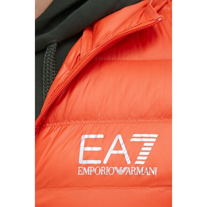 Péřová bunda EA7 Emporio Armani pánská, oranžová barva, přechodná