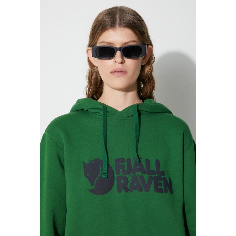 Bavlněná mikina Fjallraven Logo Hoodie zelená barva, s kapucí, s potiskem, 84144