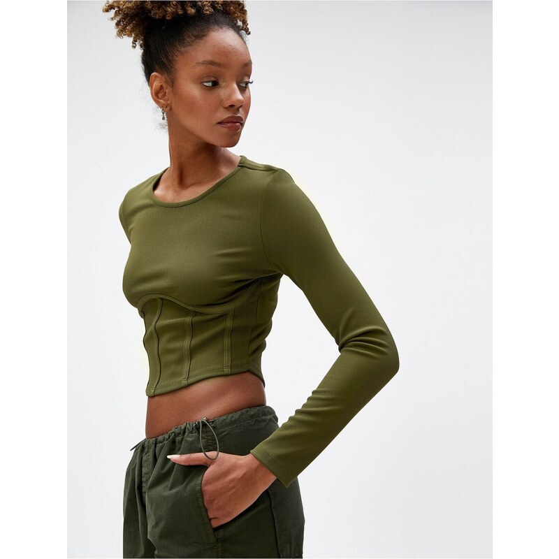 Koton Long Sleeve T-Shirt Crop Waist Corset Crew Neck