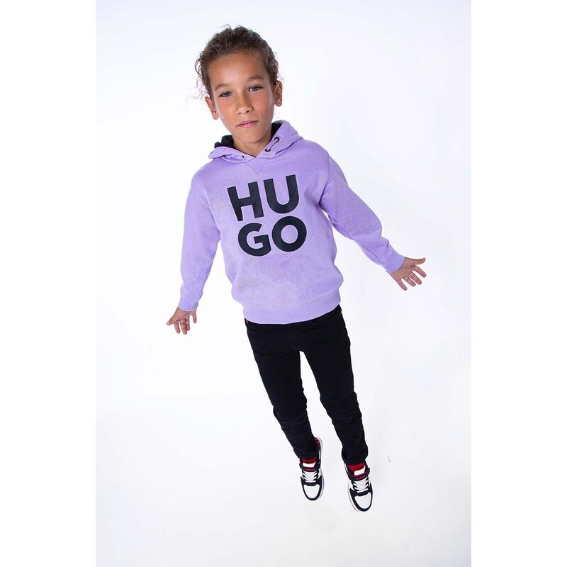 Dětská mikina HUGO fialová barva, s kapucí, s potiskem